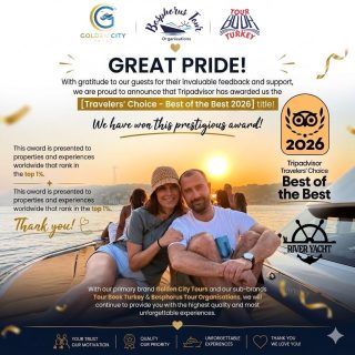 We are proud to announce that we have been awarded the Travelers’ Choice Best of the Best 2026 by Tripadvisor! 🏆 This recognition places us among the top 1% of experiences worldwide, based on the valuable reviews and support of our guests. As Golden City Tours, together with our brands Tour Book Turkey and Bosphorus Tour Organisations, we are honored to deliver unforgettable experiences on the Bosphorus every day. A big thank you to all our guests for your trust and amazing feedback 🤍 We will continue to provide the highest quality and service. ✨ See you on board! #tripadvisor #bestofthebest #bosphorus #luxuryyacht #sunsetcruise