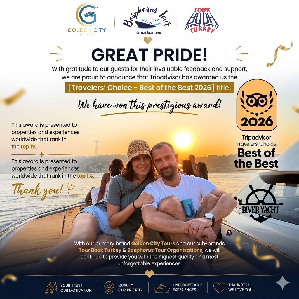 We are proud to announce that we have been awarded the Travelers’ Choice Best of the Best 2026 by Tripadvisor! 🏆 This recognition places us among the top 1% of experiences worldwide, based on the valuable reviews and support of our guests. As Golden City Tours, together with our brands Tour Book Turkey and Bosphorus Tour Organisations, we are honored to deliver unforgettable experiences on the Bosphorus every day. A big thank you to all our guests for your trust and amazing feedback 🤍 We will continue to provide the highest quality and service. ✨ See you on board! #tripadvisor #bestofthebest #bosphorus #luxuryyacht #sunsetcruise